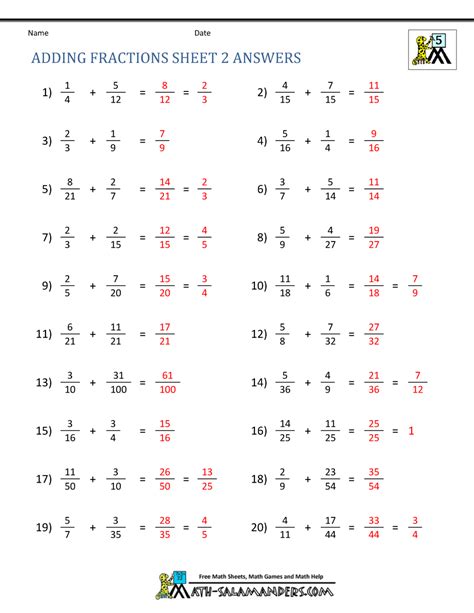 Adding Fractions Worksheet With Answers
