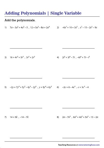 Adding Polynomials Worksheets