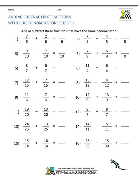 Adding Subtracting Like Fractions Worksheet