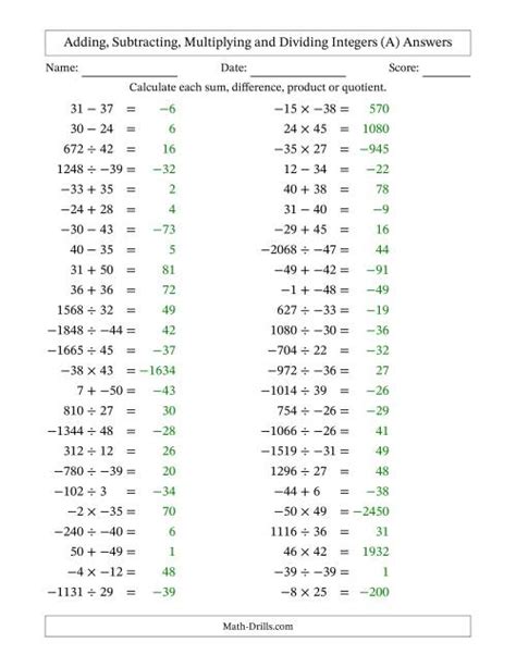 Adding Subtracting Multiplying And Dividing Integers Worksheet Pdf With