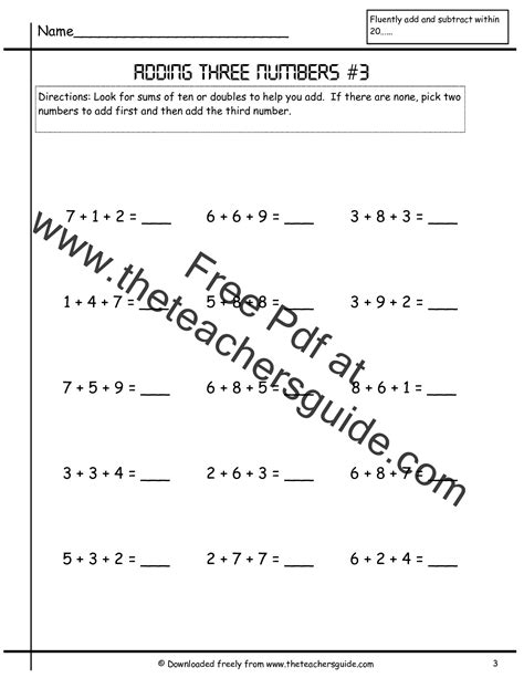 Adding Three Single Digit Numbers Worksheets from The Teacher's Guide