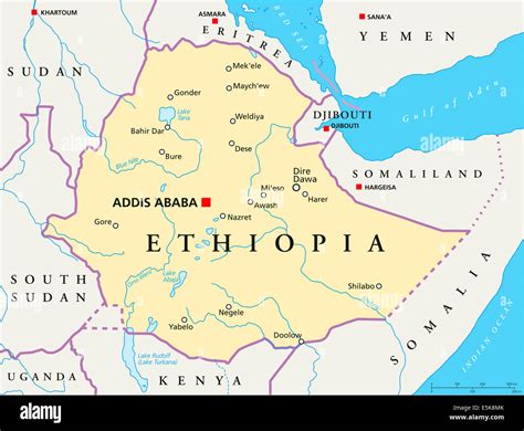 Ethiopia Political Map with capital Addis Ababa, national borders Stock