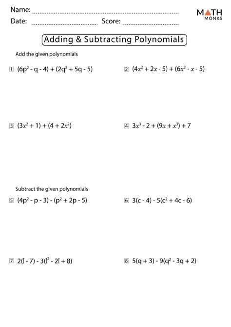 Addition And Subtraction Of Polynomials Worksheet With Answers