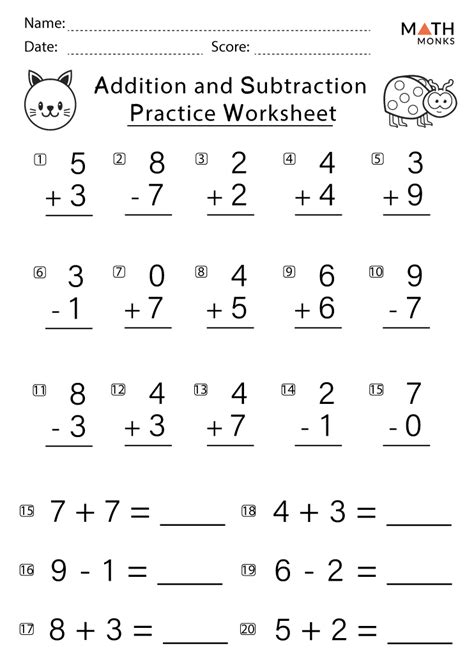 Addition And Subtraction Worksheet 1st Grade