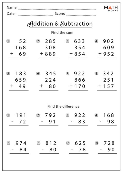 Addition And Subtraction Worksheets For Grade 4