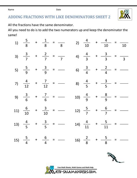 Addition Of Fractions With Like Denominators Worksheets