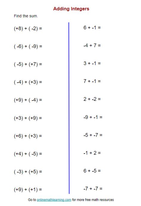 Addition Of Integers Worksheet With Answers