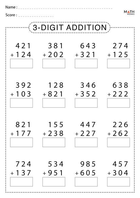Addition Of Three Digit Numbers Worksheets