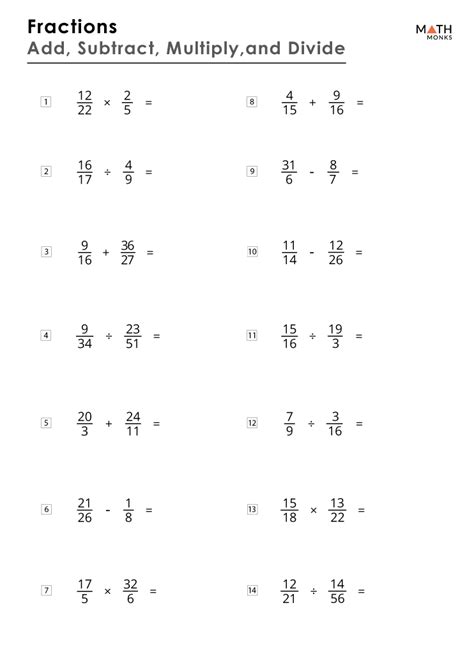 Addition Subtraction Multiplication And Division Of Fractions Worksheets