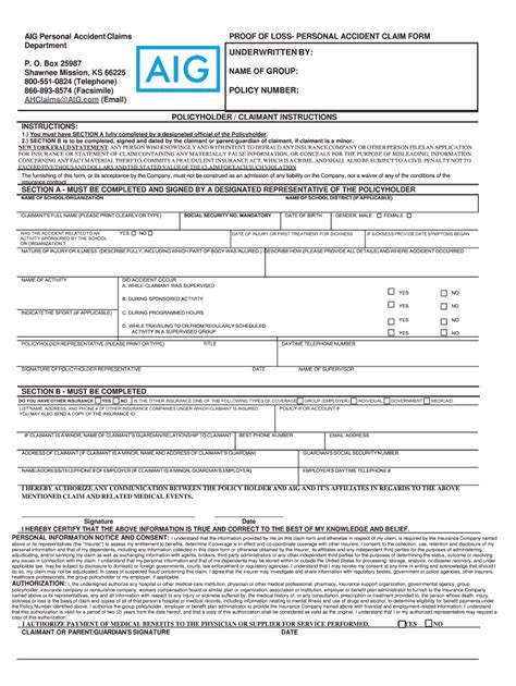 AIG Personal Accident Claim Form Fill and Sign Printable Template
