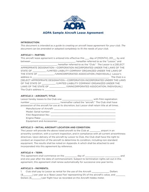 Aircraft Dry Lease Agreement Template