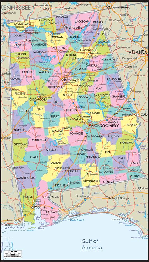 Map of Alabama with cities and towns