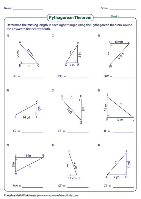 Algebra 1 Pythagorean Theorem Worksheet