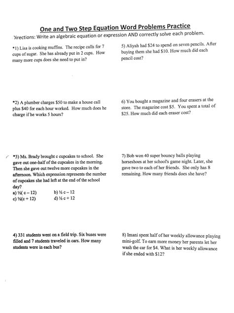 Algebra 1 Systems Of Equations Word Problems Worksheet two step
