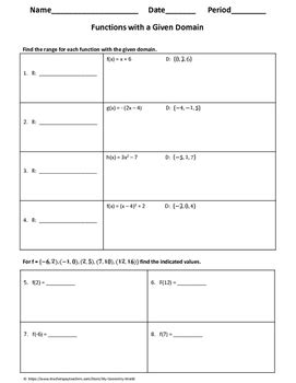 Algebra 1 Worksheet: Functions with a Given Domain by My Math Universe