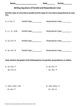 Algebra 1 Worksheet: Writing Equations of Parallel & Perpendicular Lines