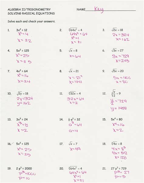 Algebra 2 Radicals Worksheet