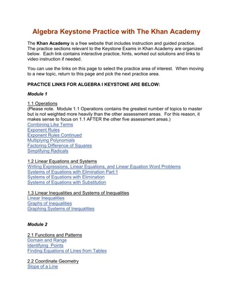 Algebra Keystone Practice with The Khan Academy