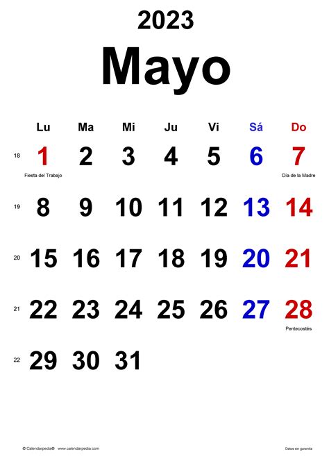 Almanaque Mes De Mayo Calendario mayo 2023 en Word, Excel y PDF - Calendarpedia