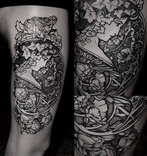 Alfons Mucha inspired tattoo on the left inner arm. Art