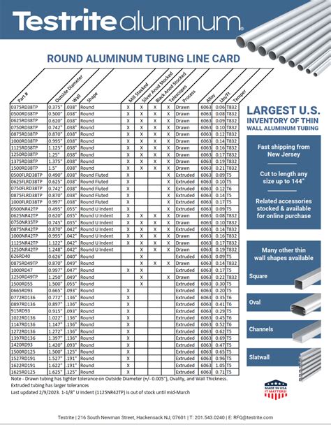 Aluminium Tube Size Chart
