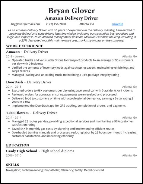 Amazon Driver Resume Sample