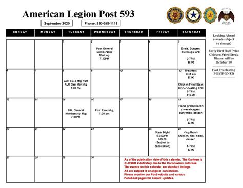 American Legion Post 62 Calendar
