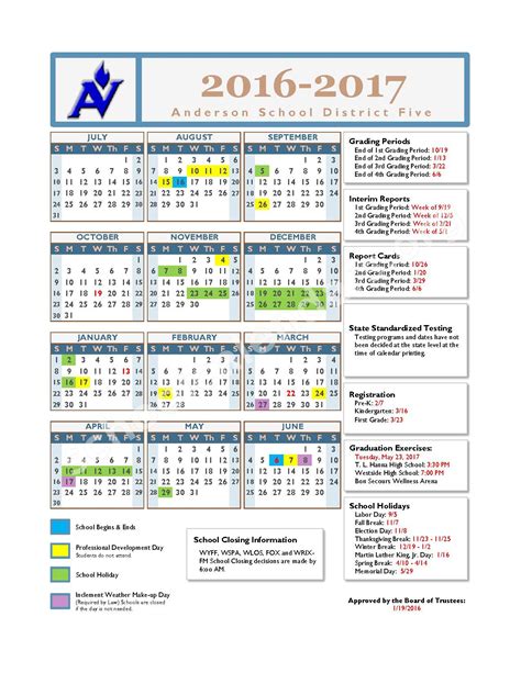 Anderson Academic Calendar