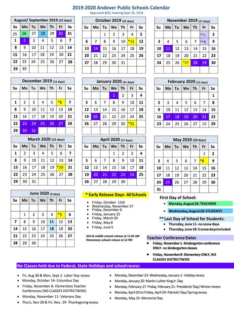 Andover Academic Calendar