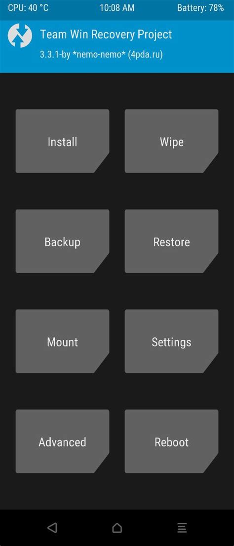 Tampilan antarmuka TWRP Custom Recovery pada smartphone