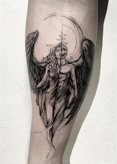 Spectacular detailed demonic angel tattoo on leg with