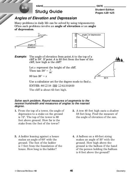 Angle Of Elevation And Depression Worksheet With Answers