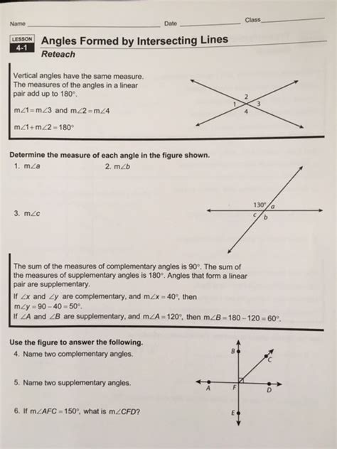 Angles Formed By Intersecting Lines Worksheet Lesson 4 1 Printable