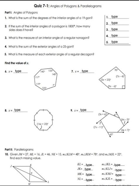 Angles Of Polygons And Parallelograms Worksheet Answers