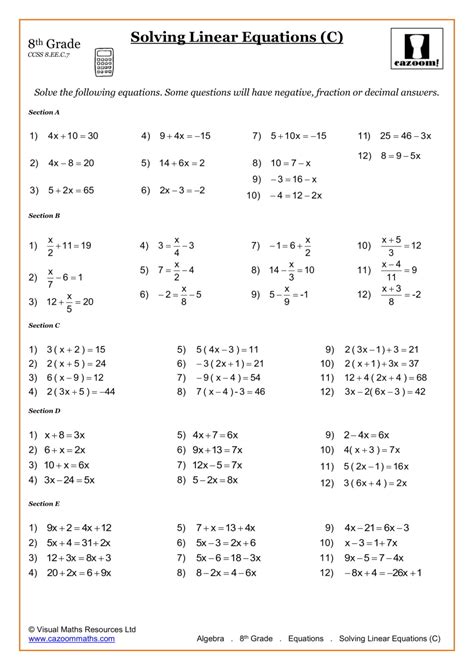 Answer Key 8Th Grade Math Worksheets With Answers