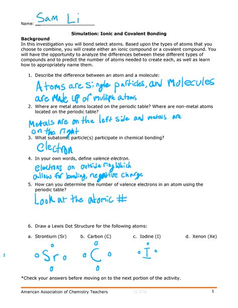 Answer Key Simulation Ionic And Covalent Bonding Worksheet Answers