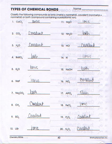 Answer Key Types Of Chemical Bonds Worksheet