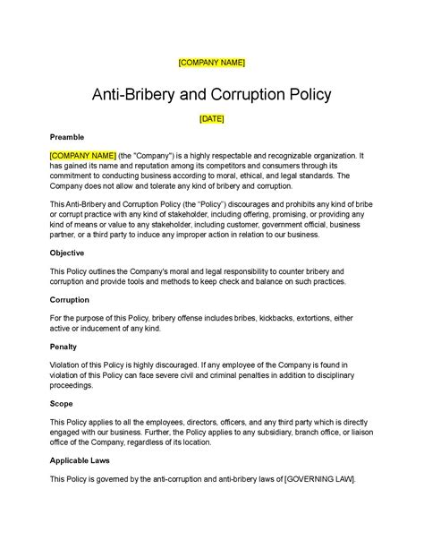 Anti Bribery And Corruption Policy Template
