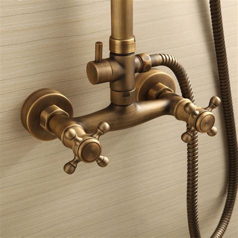 Outdoor Shower Fixtures 2 Handle Wall Mount Antique Brass Bathroom