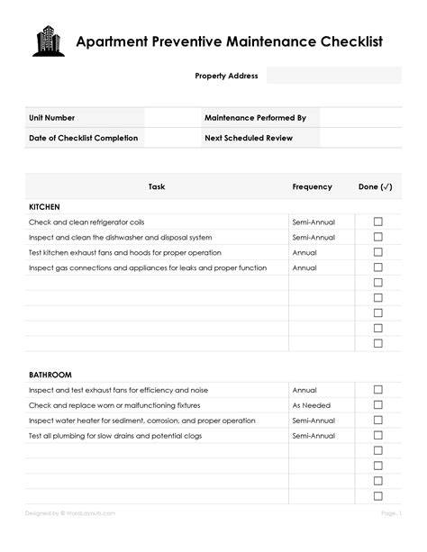 Apartment Preventive Maintenance Checklist Template - Great Research