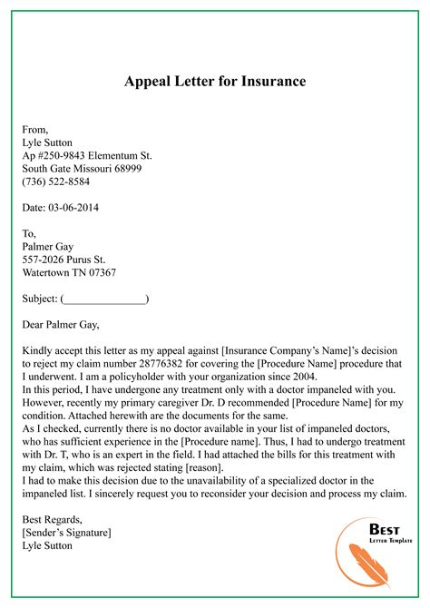 Appeal Letter To Insurance Company Template