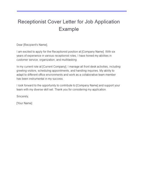 Application Letter As A Receptionist