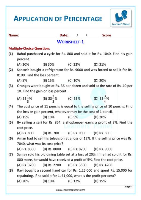 Application Of Percents Worksheet