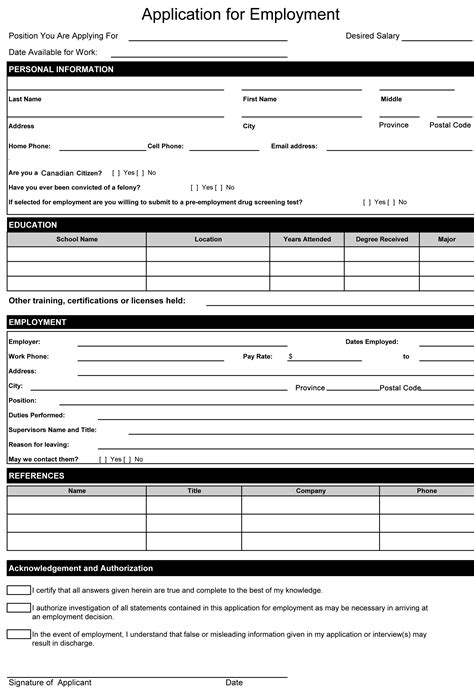 Applications For Employment Printable