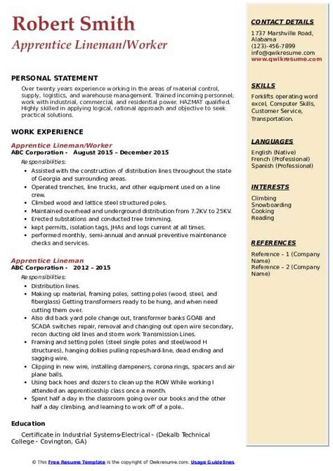 Apprentice Lineman Resume Sample