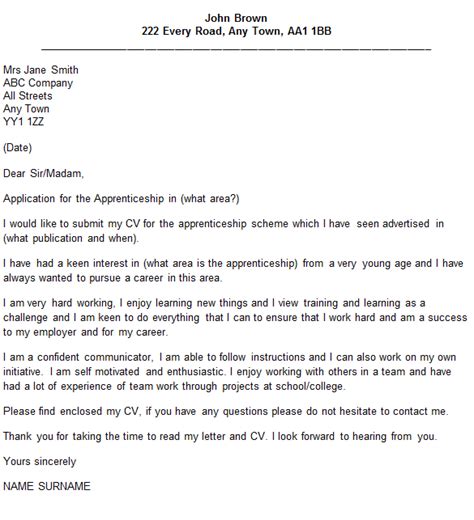 Apprenticeship Cover Letter Sample