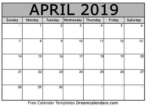 April 19 2019 Calendar
