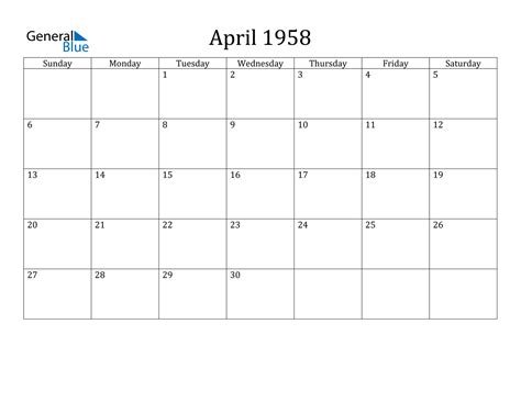 April 1958 Calendar