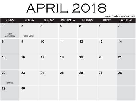 April 2018 Printable Calendar