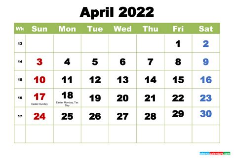 April 2022 Calendar With Holidays Printable